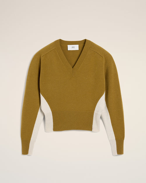 Khaki Wool Knit Bicolor V Neck Sweater - 4 - Ami Paris