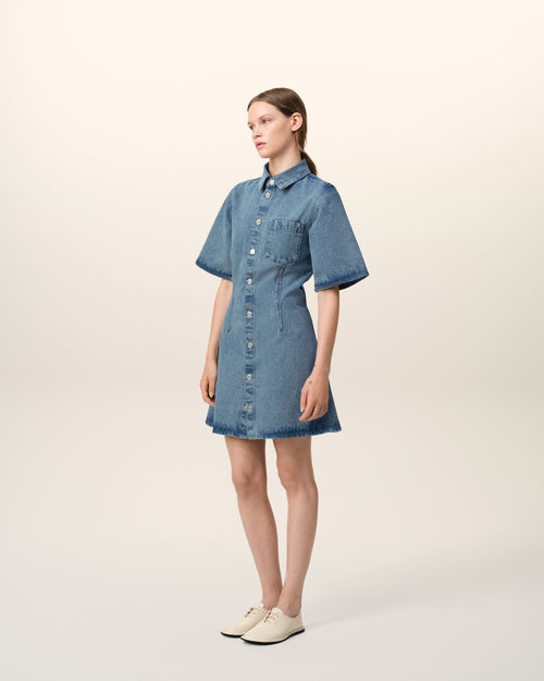 Blue Cotton Short Sleeve Shirt Dress - 6 - Ami Paris