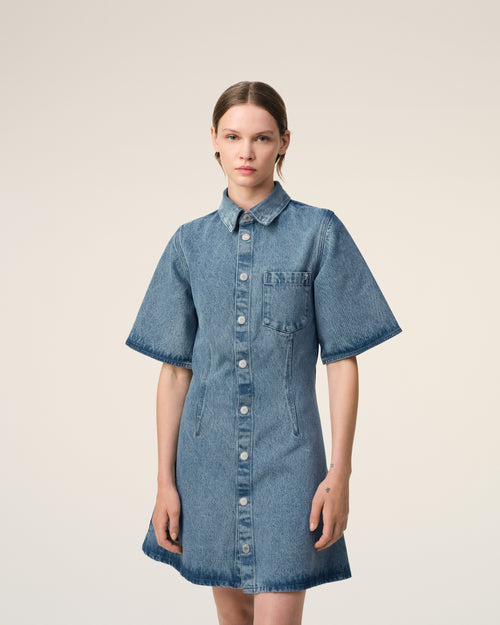 Blue Cotton Short Sleeve Shirt Dress - 3 - Ami Paris