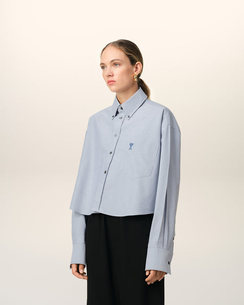 Chemise Bleue Cropped Oversize Col Boutonné En Coton - 12 - Ami Paris