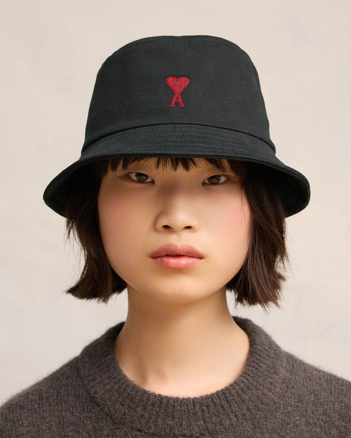 									Black Cotton Ami de Coeur Embroidery Bucket Hat - 3								 - Ami Paris