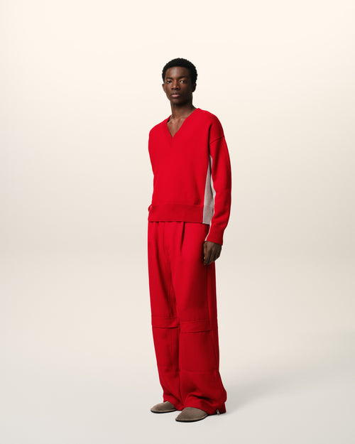 Red Wool Knit Bicolor V Neck Sweater - 6 - Ami Paris