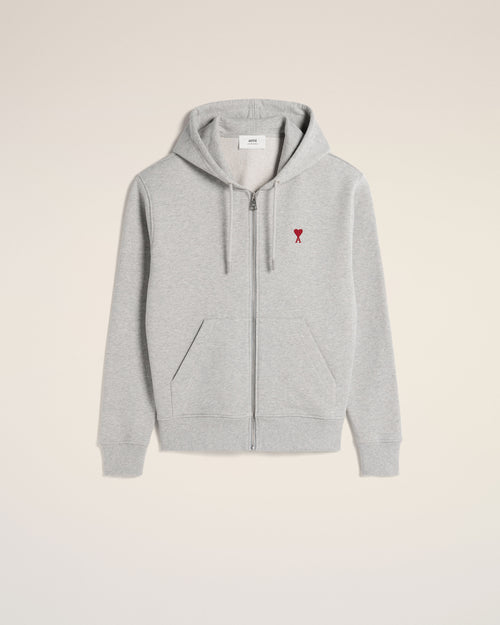 Grey Cotton Ami de Coeur Zipped Hoodie - 1 - Ami Paris