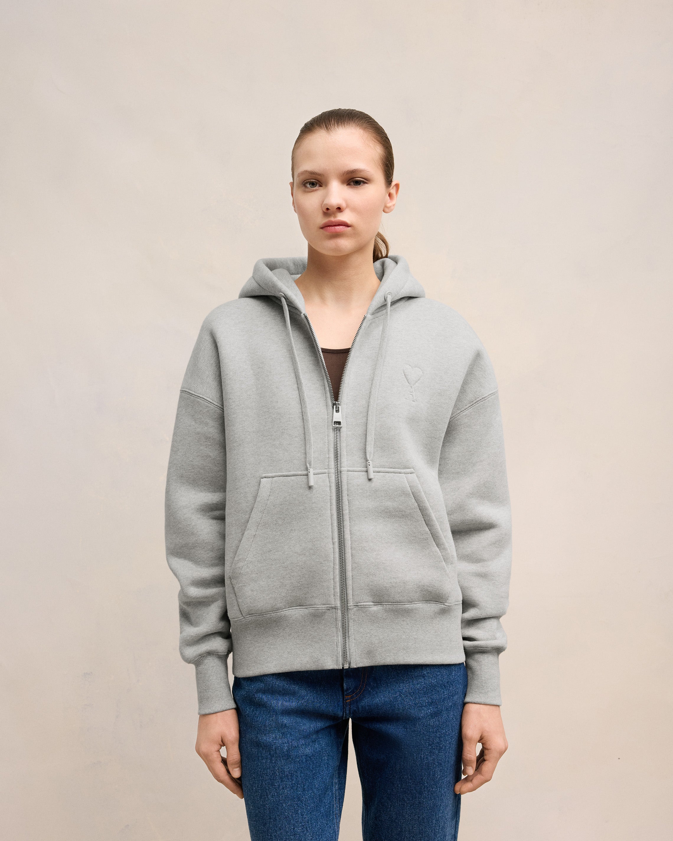 Heather Ash Grey Zipped Ami De Coeur Hoodie | AMI PARIS