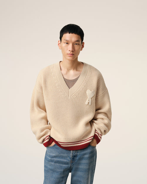 Beige Wool Ribbed V Neck Sweater - 3 - Ami Paris