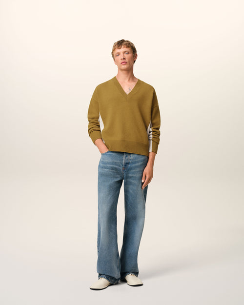 Khaki Wool Knit Bicolor V Neck Sweater - 1 - Ami Paris