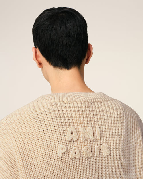 Beige Wool Ribbed V Neck Sweater - 4 - Ami Paris