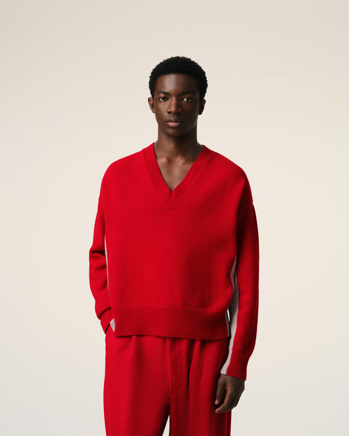 Red Wool Knit Bicolor V Neck Sweater - 3 - Ami Paris