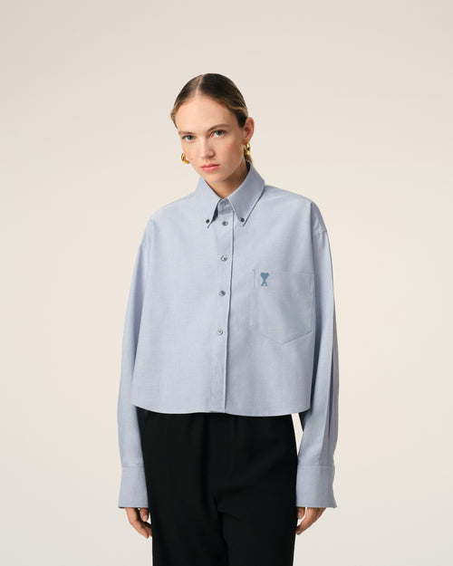 Chemise Bleue Cropped Oversize Col Boutonné En Coton - 9 - Ami Paris