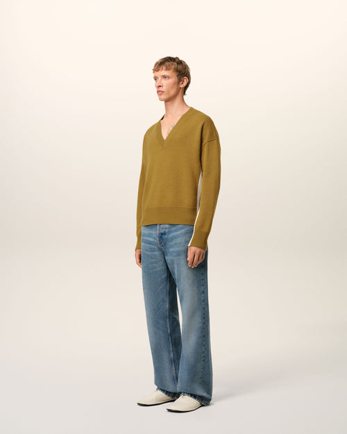 Khaki Wool Knit Bicolor V Neck Sweater - 6 - Ami Paris