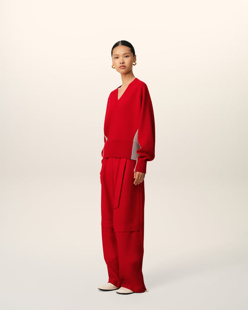 Red Wool Knit Bicolor V Neck Sweater - 6 - Ami Paris