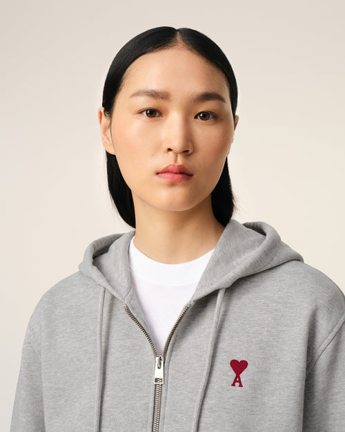 Grey Cotton Ami de Coeur Zipped Hoodie - 10 - Ami Paris