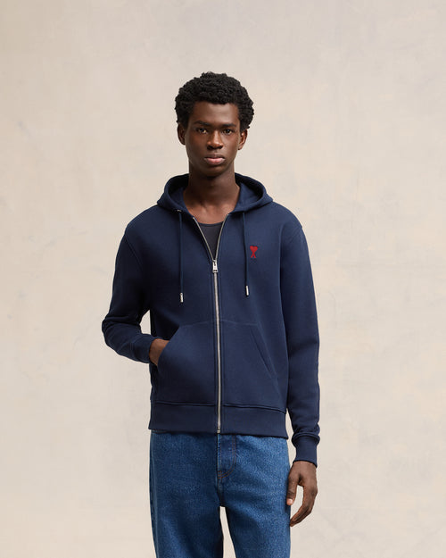 Navy Cotton Ami de Coeur Zipped Hoodie - 1 - Ami Paris