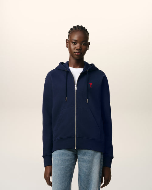 							Navy Cotton Ami de Coeur Zipped Hoodie - 3						 - Ami Paris