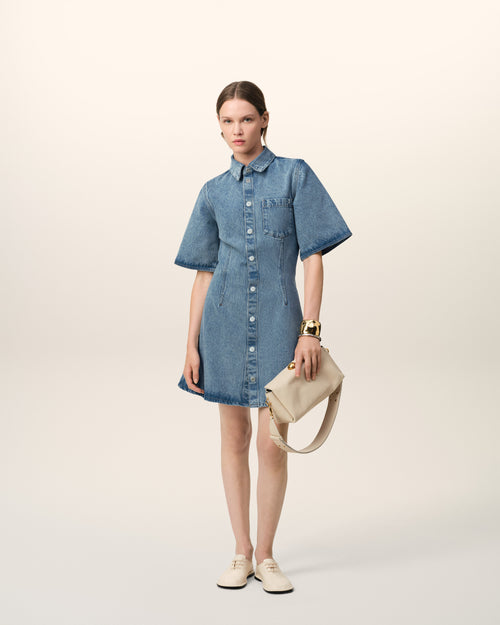 									Blue Cotton Short Sleeve Shirt Dress - 3								 - Ami Paris